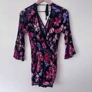Xhilaration Extra Small Black Floral Wrap Romper with Pink & Purple XS